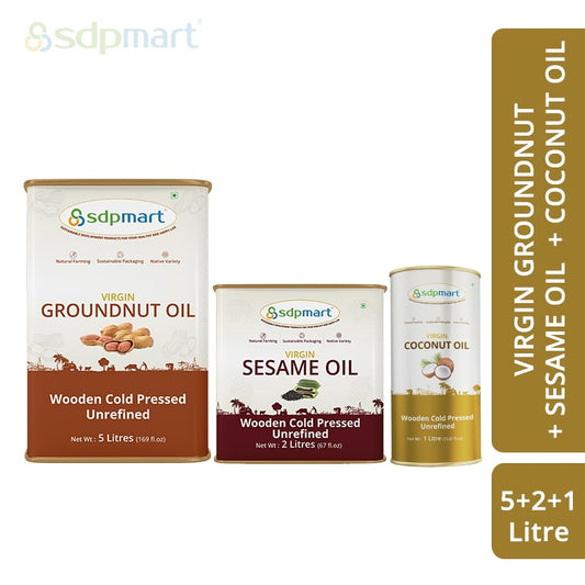 COMBO 04 -  SDPMart Premium Virgin  Groundnut Oil 5 Liter & Sesame Oil 2 Liter & Coconut Oil 1 Liter - SDPMart