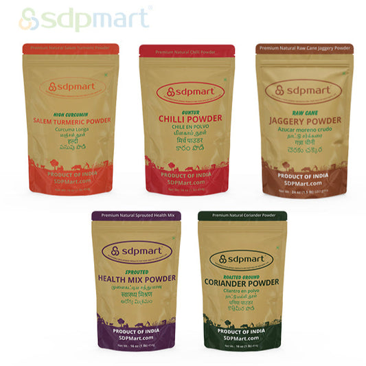 Spices Combo Pack - Turmeric/Chilli/Coriander/Healthmix/Raw Sugar - SDPMart